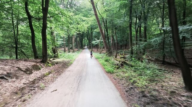 Woman cycling through a green woodland in summer
