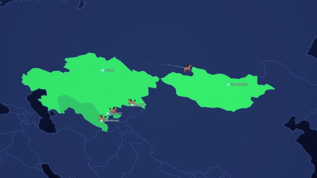 Central Asia Horseback Route on Neon Map, Tashkent Samarkand Almaty Ulaanbaatar Animated Travel Motion Graphics Seamless Loop, 4K