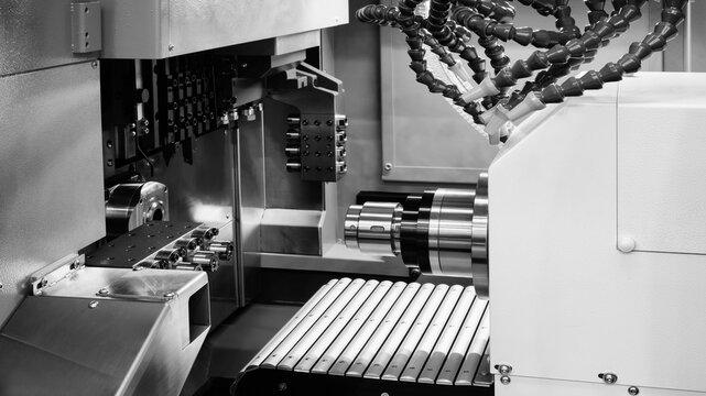 CNC machine with metal components. Cylindrical workpiece sits on the table. Orange tool holder is visible. Industrial manufacturing equipment shows precise work