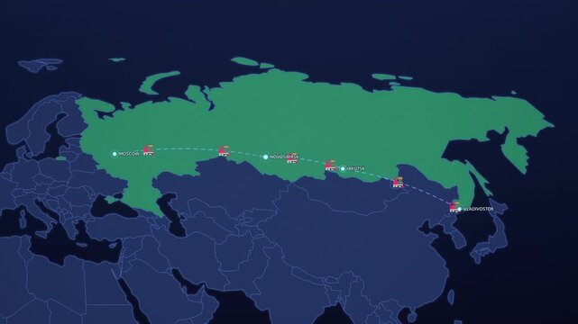 Trans Siberian Railway on Neon Map, Moscow Novosibirsk Irkutsk Vladivostok Train Animated Motion Graphics Seamless Loop, 4K