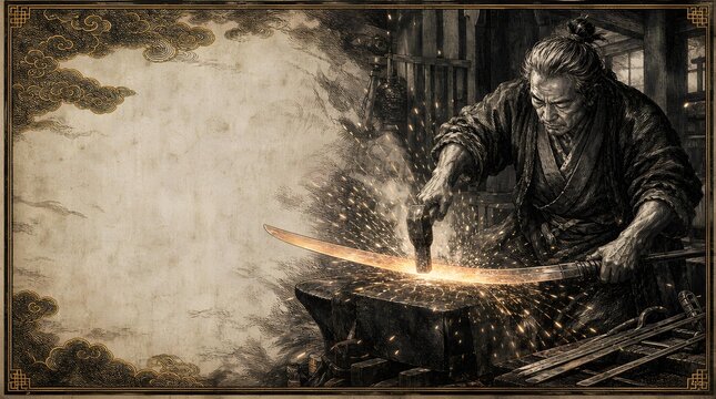 Japanese Master Swordsmith Forging Katana Blade Anvil Vintage Engraving Background