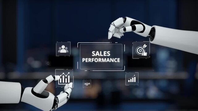 A pair of robotic hands interact with digital icons representing sales performance metrics, showcasing advanced technology in business analytics and innovative strategies. Synapse