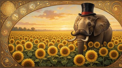 Obraz premium Gentleman elephant wears formal top hat, long twisted mustache. Giant animal stands in vast golden sunflower field during warm sunset. Ornate decorative art nouveau frame surrounds surreal character.