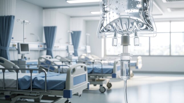 Hospital ward with empty beds, IV drip bag. Clean medical room ready for patients. Healthcare facility equipment, supplies. Medicine, treatment, recovery space. Serious illness care environment.