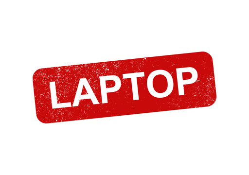 Red rectangular rubber stamp with the word laptop written in white bold capital letters featuring a grunge texture and distressed ink style effect for business and technology labels