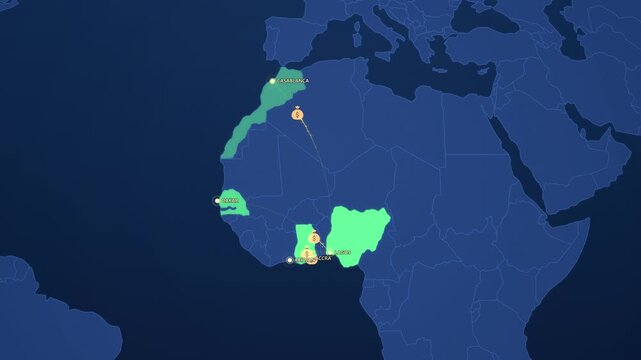 West Africa Business Network on Corporate Map, Lagos Accra Abidjan Dakar Animated Finance Motion Graphics Seamless Loop, 4K