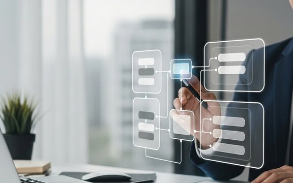 AI Workflow automation concept with businessman interacting with digital flowchart UI interface for business process management and data analytics