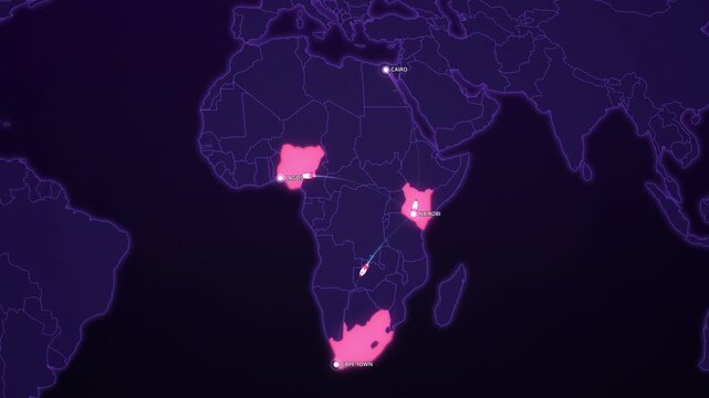African Tech Startups on Cyber Map, Nairobi Lagos Cape Town Cairo Animated Innovation Motion Graphics Seamless Loop, 4K