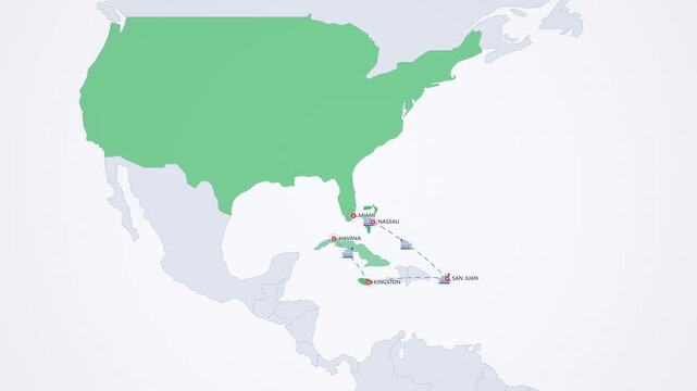 Caribbean Cruise Route on Light Map, Miami Nassau San Juan Kingston Havana Cruise Ship Animated Motion Graphics Seamless Loop, 4K