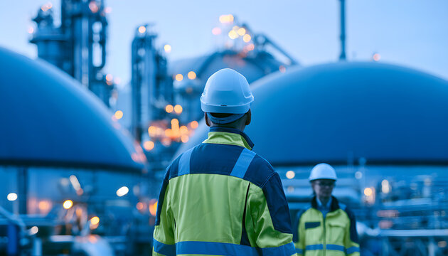 Anaerobic digester biogas dome membrane in sharp focus and blurred technicians behind. Concept of organic waste energy processing