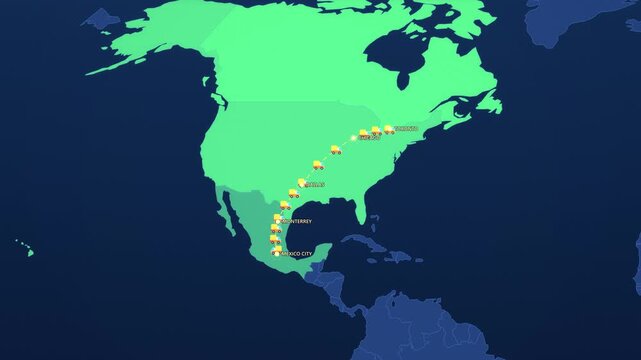 North America Truck Convoy Trade Route on Corporate Map, Mexico City Dallas Chicago Toronto Animated Motion Graphics Seamless Loop, 4K