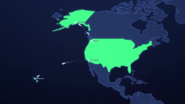 Alaska and Hawaii Flight Routes on Neon Map, Seattle Anchorage Los Angeles Honolulu Animated Motion Graphics Seamless Loop, 4K