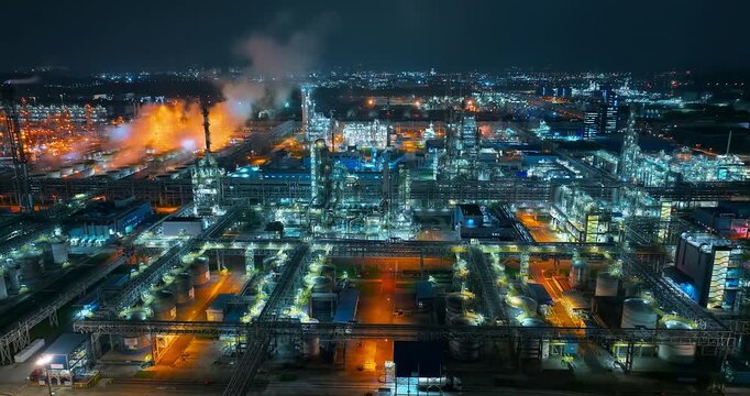 Nighttime aerial view of an illuminated petrochemical refinery with processing units, storage tanks, steam plumes and city lights illustrating industrial infrastructure.