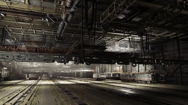 Low angle factory ceiling, hanging pipes and support platforms, network of cables and valves, maintenance ladders and catwalks silhouetted against high windows,