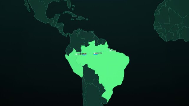 Amazon River Canoe Expedition on Dark Map, Belem Manaus Iquitos Animated Adventure Motion Graphics Seamless Loop, 4K