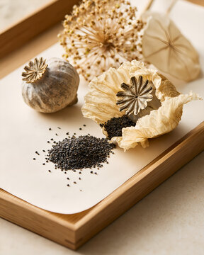 Poppy seeds tipped from a split head onto paper in a tray