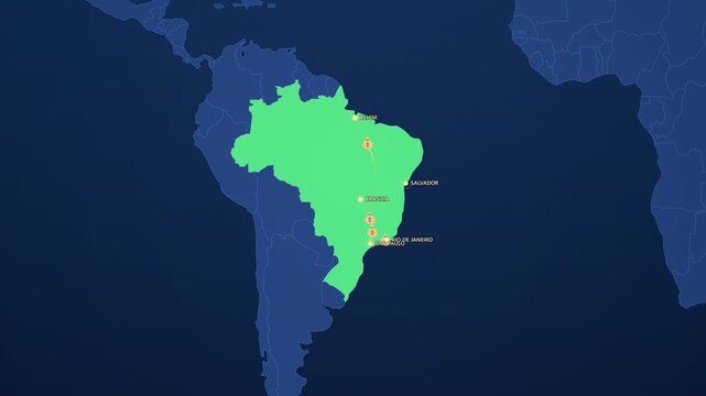 Brazil Business Network on Corporate Map, Sao Paulo Rio Brasilia Salvador Animated Finance Motion Graphics Seamless Loop, 4K
