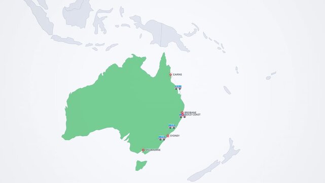 Australia East Coast Camper Van Route on Light Map, Melbourne Sydney Brisbane Cairns Animated Motion Graphics Seamless Loop, 4K