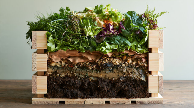 Cross section of a compost bin showing four layers inside