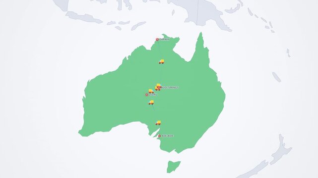 Australian Outback Road Train Route on Light Map, Adelaide Uluru Alice Springs Darwin Animated Motion Graphics Seamless Loop, 4K