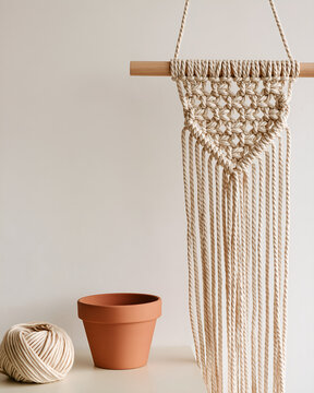 Macrame wall hanging half knotted on a wooden dowel