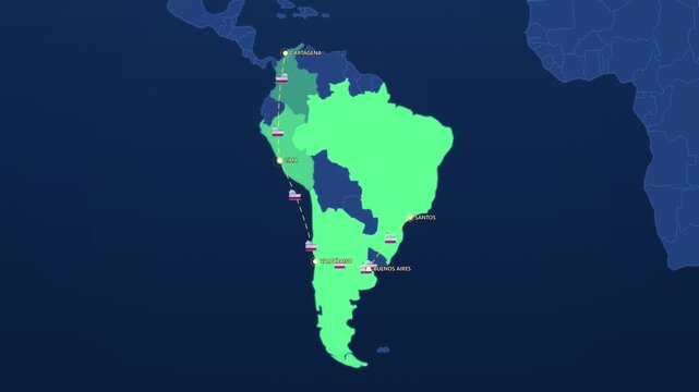 South America Shipping Ports on Corporate Map, Cartagena Lima Valparaiso Buenos Aires Santos Animated Motion Graphics Seamless Loop, 4K