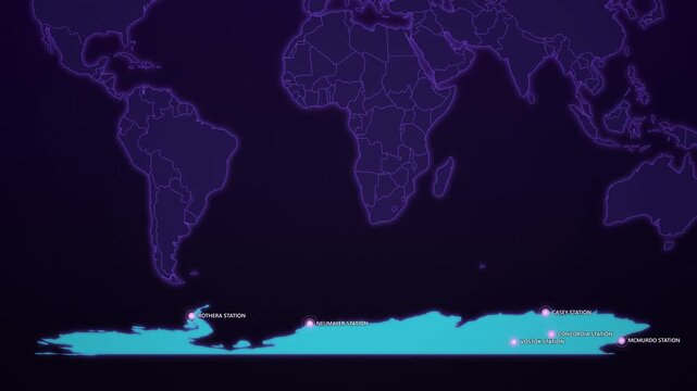 Antarctica Research Stations on Cyber Map, McMurdo Vostok Concordia Rothera Animated Science Motion Graphics Seamless Loop, 4K