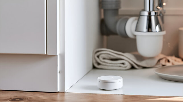 Small water leak sensor on the floor of a bright sink cabinet