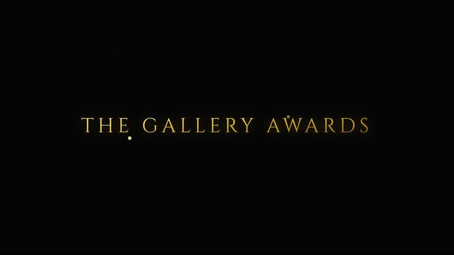The gallery awards gold text title sequence with floating particles on animation 4k black background