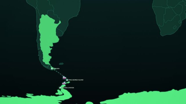 Antarctica Expedition Cruise on Dark Map, Ushuaia Drake Passage King George Island Animated Motion Graphics Seamless Loop, 4K