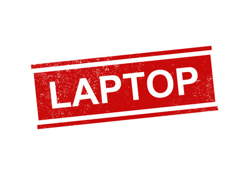 Red rubber stamp with the word laptop written in white bold letters inside a rectangular frame with a grunge texture effect for business and technology office label branding