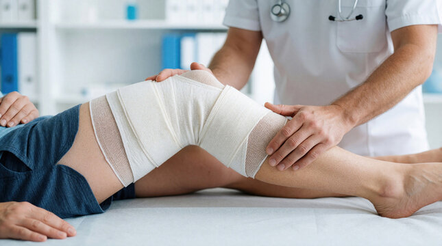 Doctor examines patient with bandaged knee in clinic. Medical pro provides physical therapy for joint injury. Specialist checks leg after sports accident surgery. Patient receives rehabilitation