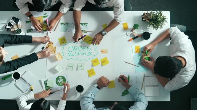 Top view of professional business team working together to brainstorm environmental idea by using mind map. Aerial view of smart manager talking and discussing about sustainable energy. Alimentation.