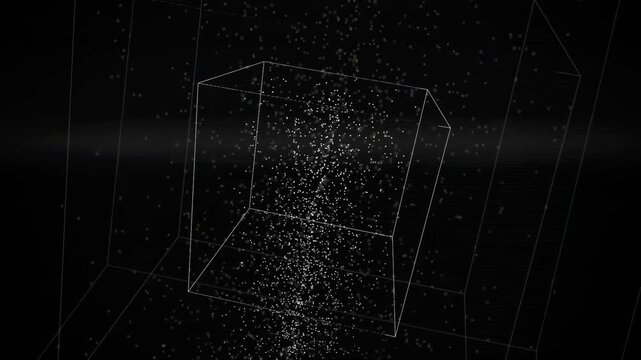 Abstract digital 3D cube rotating in a dark cyberspace with floating data particles and grid