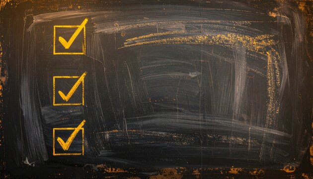 Yellow Chalk Checkboxes Drawn on Blackboard &ndash; Task Checklist, To-Do List, Goal Completion, and Survey Concept