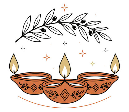 Traditional diwali oil lamps and olive branch vector illustration with festival tradition religion