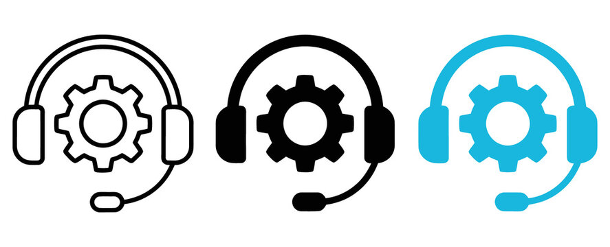 Technical support headset and gear icon set with technical customer communication technology