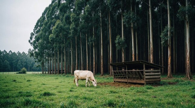 Pale cow grazes in green grassy field near tall trees. Wooden shelter with hay feeder stands nearby on farm. Rural landscape setting with livestock.