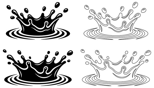 Water splash vector icons set in black and white outline with abstract illustration collection