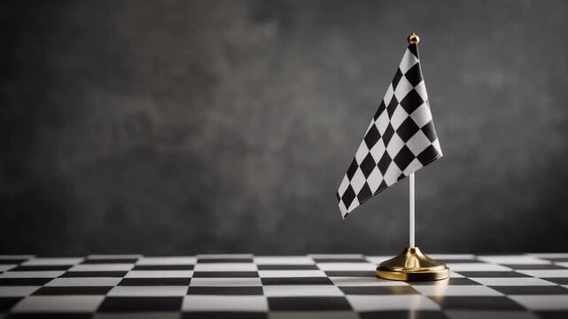 Small Checkered Flag Stand on Checkered Surface against Dark Grey Background &ndash; Racing Victory, Finish Line, Competition Success, and Milestone Concept