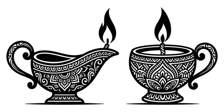 Traditional decorative oil lamps with flame vector illustration traditional illustration ornament