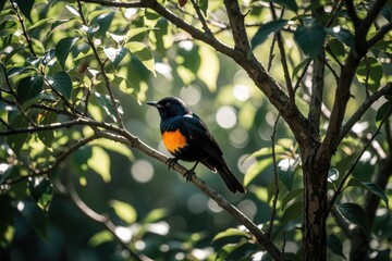 Obraz premium Small black bird with bright orange breast perches on thin tree branch. Green leaves and soft bokeh light create natural backdrop. Wildlife detail in forest.