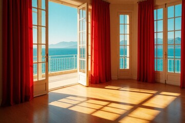 Obraz premium Bright room with open balcony doors looks at blue ocean sea horizon. Sunny rays shine on wooden floor inside Mediterranean luxury villa apartment. Red curtains hang by white window frame. Calm summer