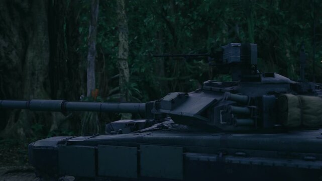 Turret detail on jungle patrol tank closeup, bolts and sensor housings visible, rugged armor plates with foliage drape, humid green canopy and muted lighting