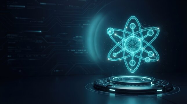 Illuminated atomic model with glowing particles on futuristic tech base, dark gradient backdrop with binary code, studio lighting, top-down perspective, sleek design for science and tech applications.
