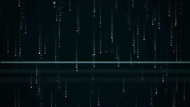 Digital rain of green binary code and characters falling on a dark black background