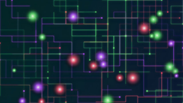 Colorful digital circuit board with glowing nodes and connections