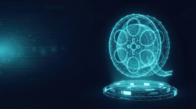 A futuristic 3D film reel hologram with glowing blue light on a digital circuit pattern background, viewed from a low angle, studio lighting, tech-inspired mood.