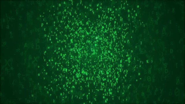 Abstract digital green matrix background with falling code characters and glowing data particles