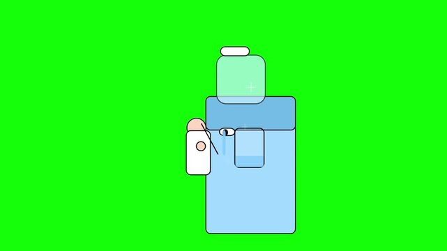 Animated water cooler dispenser filling a glass cup against a vibrant green screen background loop with animation person filling flat design animation